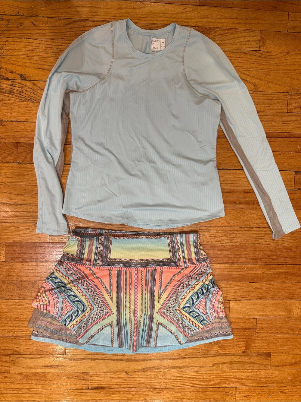 Lucky in Love set, tennis skirt and long sleeved shirt, size M, pastel pattern